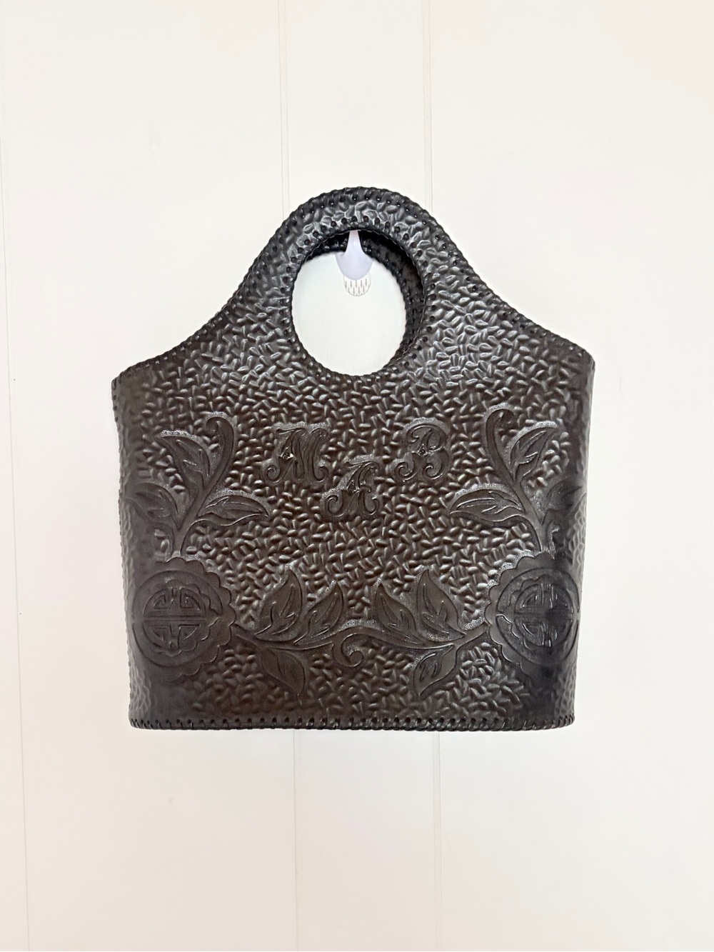 Vintage Hand Tooled Leather Cutout Handle Tote Bag Floral Embossed Black